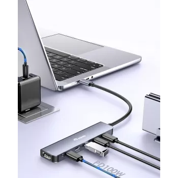 Πολυλειτουργικός προσαρμογέας EQUIP USB-C 6 σε 1 — HDMI 4K/60Hz, 4× USB-C Gen2 (10Gbps), 100W PD, καλώδιο 0,25 m, γκρι