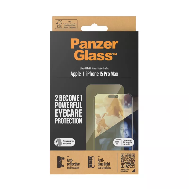 PanzerGlass ® EyeCARE™ προστασία οθόνης iPhone 15 Pro Max | Ultra-Wide Fit με EasyAligner