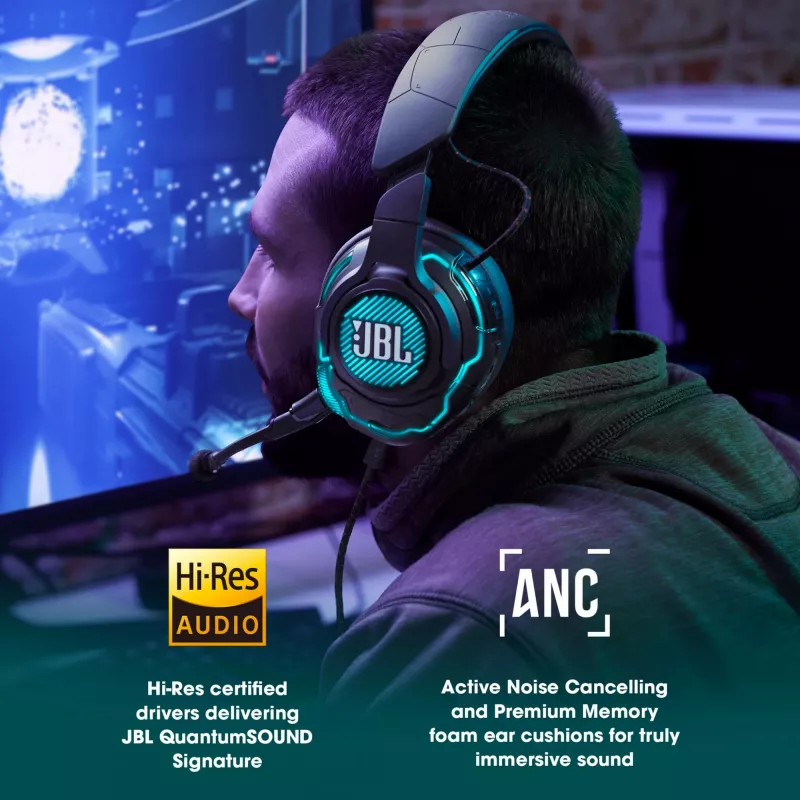 JBL Quantum One ενσύρματα gaming ακουστικά over-ear, ενεργή ακύρωση θορύβου, USB-C, 3,5 mm, 20 - 20000 Hz, μαύρα