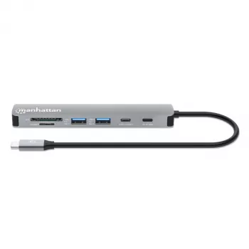 Manhattan USB-C Dock/Hub με Αναγνώστη Καρτών, Θύρες (x5): HDMI, USB-A (x2) και USB-C (x2), με Power Delivery (PD) 100W – απαιτείται εξωτερικός φορτιστής USB-C (δεν περιλαμβάνεται). Τροφοδοσία USB (δεν απαιτείται εξωτερικό τροφοδοτικό), όταν δεν χρησιμοποιείται PD