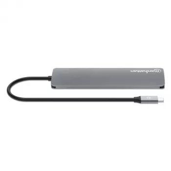 Manhattan USB-C Dock/Hub με Αναγνώστη Καρτών, Θύρες (x5): HDMI, USB-A (x2) και USB-C (x2), με Power Delivery (PD) 100W – απαιτείται εξωτερικός φορτιστής USB-C (δεν περιλαμβάνεται). Τροφοδοσία USB (δεν απαιτείται εξωτερικό τροφοδοτικό), όταν δεν χρησιμοποιείται PD