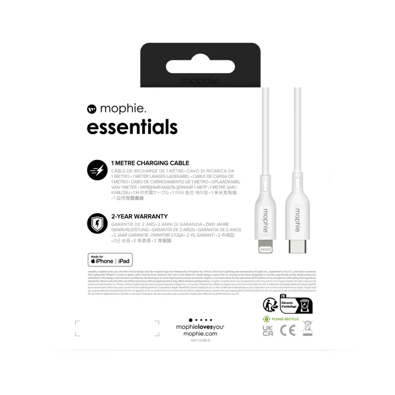 mophie essentials καλώδιο φόρτισης Lightning σε USB-C (1M) λευκό