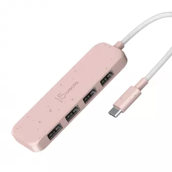 USB-C σε 4-Port USB-A Gen 2 Hub j5create — 10 Gbit/s, USB 3.2, ροζ, ανακυκλωμένο πλαστικό ABS, 100×27×19 mm