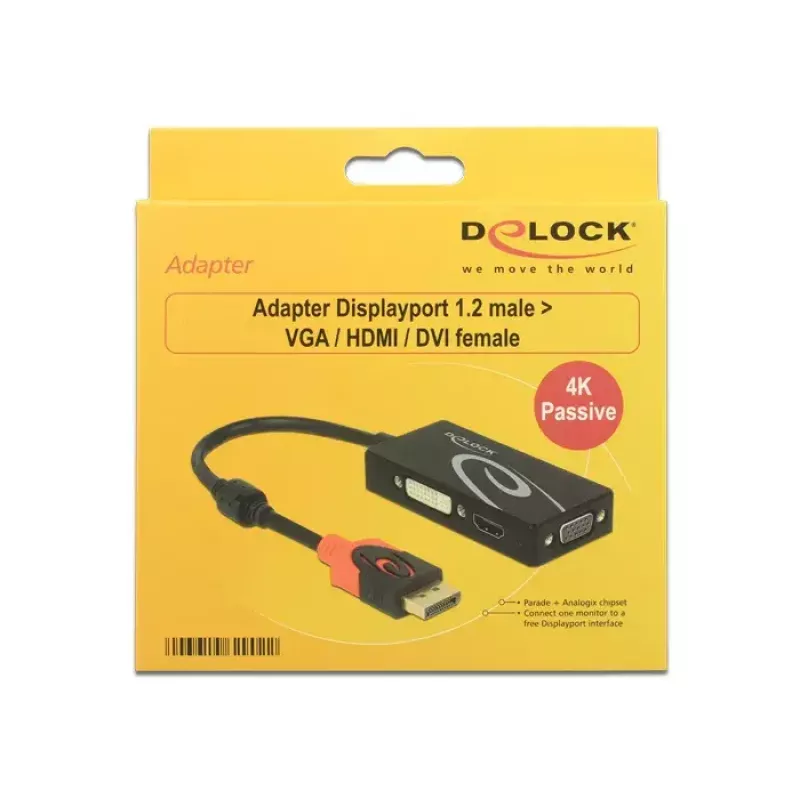 Delock 62902 Προσαρμογέας DisplayPort 1.2 σε VGA / HDMI / DVI, 4K, παθητικός, Μαύρο