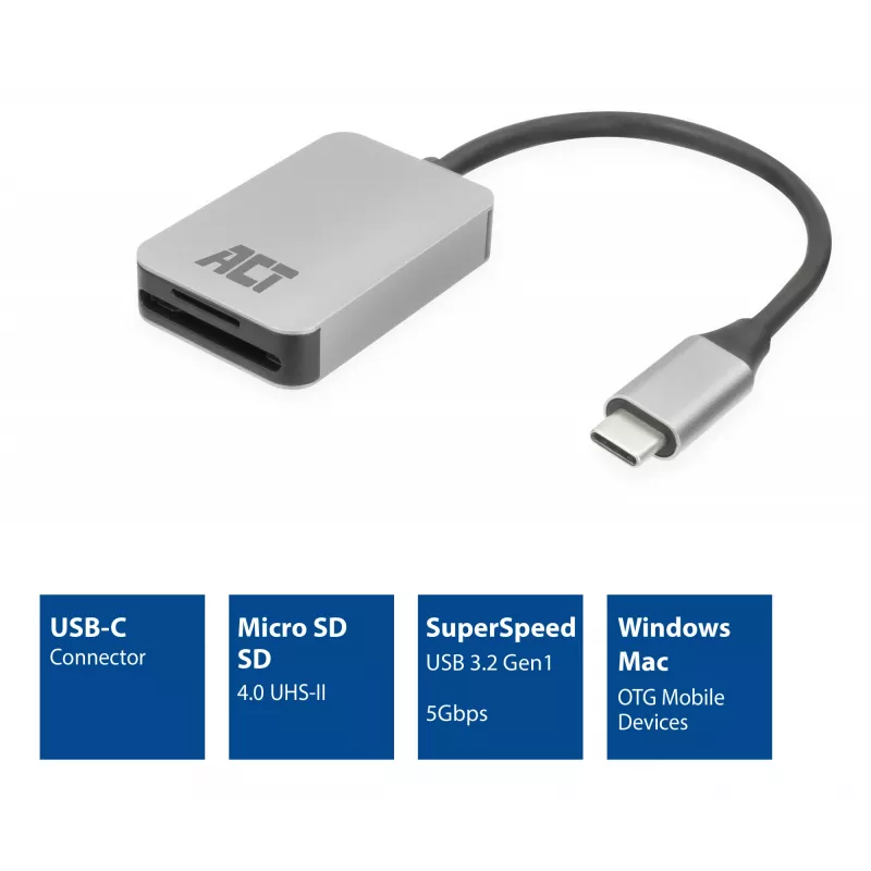 Αναγνώστης καρτών ACT AC7056 USB 3.2 Gen 1 Type-C Γκρι MicroSD SD