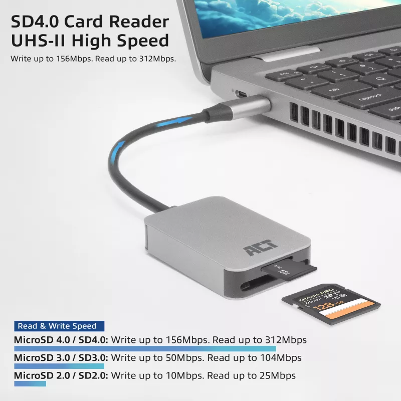 Αναγνώστης καρτών ACT AC7056 USB 3.2 Gen 1 Type-C Γκρι MicroSD SD