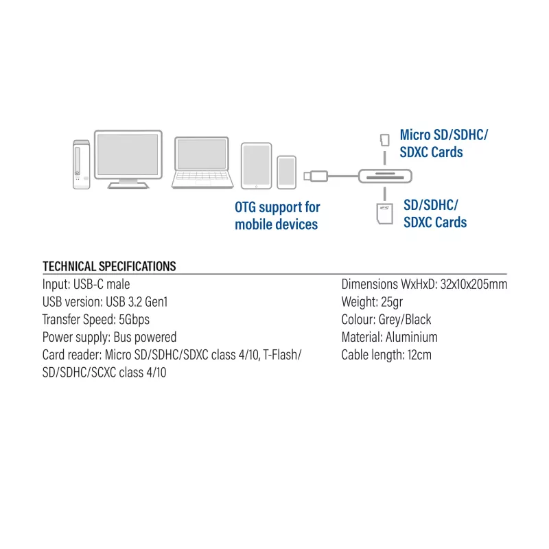 Αναγνώστης καρτών ACT AC7056 USB 3.2 Gen 1 Type-C Γκρι MicroSD SD