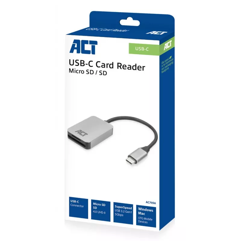 Αναγνώστης καρτών ACT AC7056 USB 3.2 Gen 1 Type-C Γκρι MicroSD SD