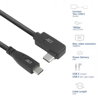 ACT USB 3.0 10Gbps 60W Καλώδιο USB Type-C (ίσιο) σε USB Type-C (γωνιακό αριστερά/δεξιά), 0,5 μέτρα