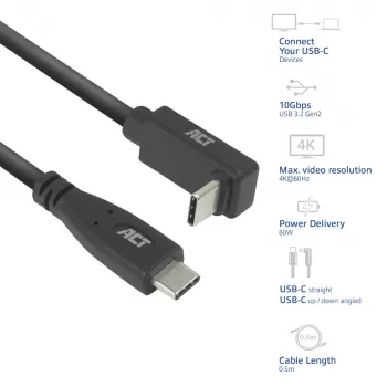 ACT USB 3.0 10Gbps 60W Καλώδιο USB Type-C (ίσιο) σε USB Type-C (γωνιακό πάνω/κάτω), 2 μέτρα