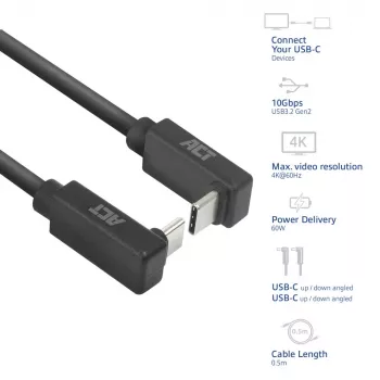 ACT USB 3.0 10Gbps 60W Καλώδιο USB Type-C (γωνιακό πάνω/κάτω) σε USB Type-C (γωνιακό πάνω/κάτω), 0,5 μέτρα