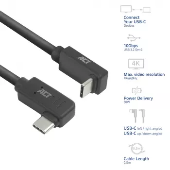 ACT USB 3.0 10 Gbit/s 60 W Καλώδιο USB Type-C (γωνιακό αριστερά/δεξιά) σε USB Type-C (γωνιακό πάνω/κάτω), 1 μέτρο