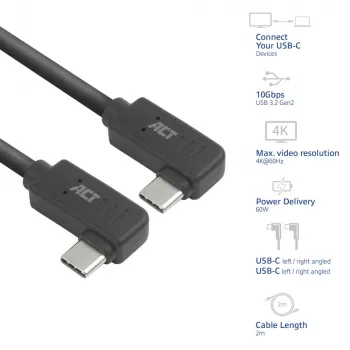 ACT USB 3.0 10Gbps 60W Καλώδιο USB Type-C (γωνιακό αριστερά/δεξιά) σε USB Type-C (γωνιακό αριστερά/δεξιά), 0,5 μέτρα