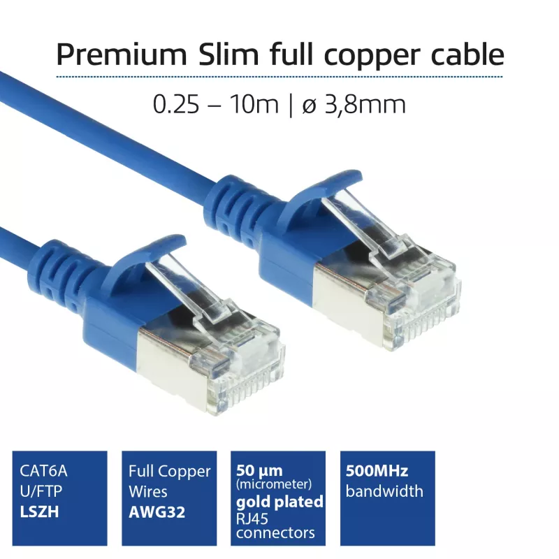 ACT Μπλε 1 μέτρο LSZH U/FTP CAT6A Καλώδιο patch Datacenter Slimline χωρίς γλωττίδα με βύσματα RJ45