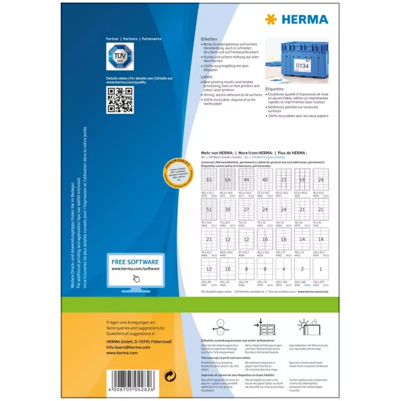 Αυτοκόλλητες ετικέτες εκτυπωτή HERMA Labels Premium A4 210x148 mm