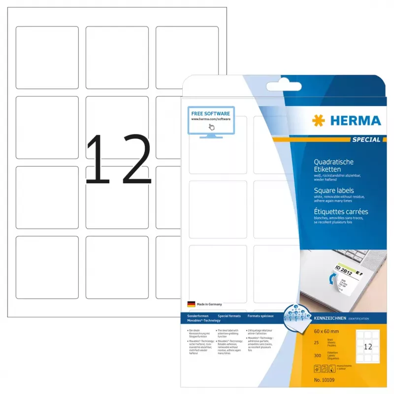 Αφαιρούμενες ετικέτες HERMA 10109 A4 60x60 mm τετράγωνες λευκές