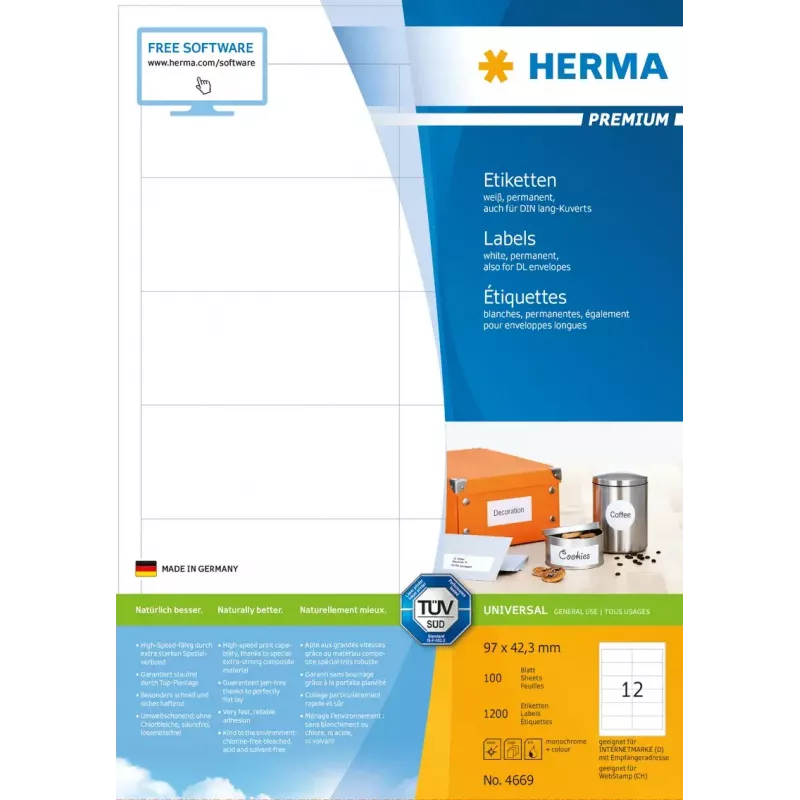 Αυτοκόλλητες ετικέτες εκτυπωτή HERMA Labels Premium A4 97x42,3 mm