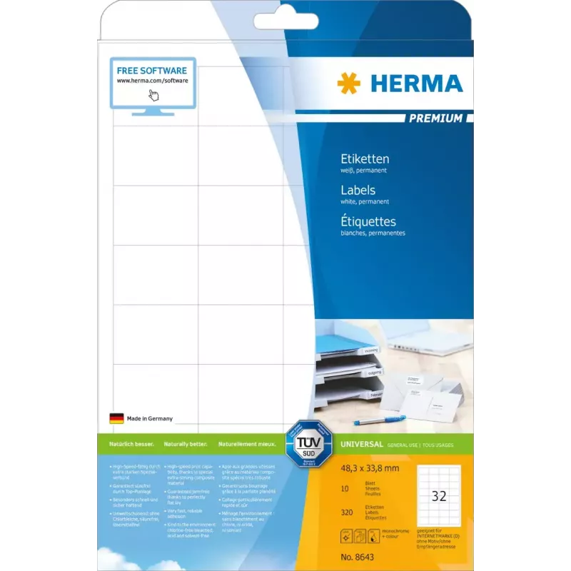 Αυτοκόλλητες ετικέτες HERMA 8643 ορθογώνιες μόνιμες λευκές