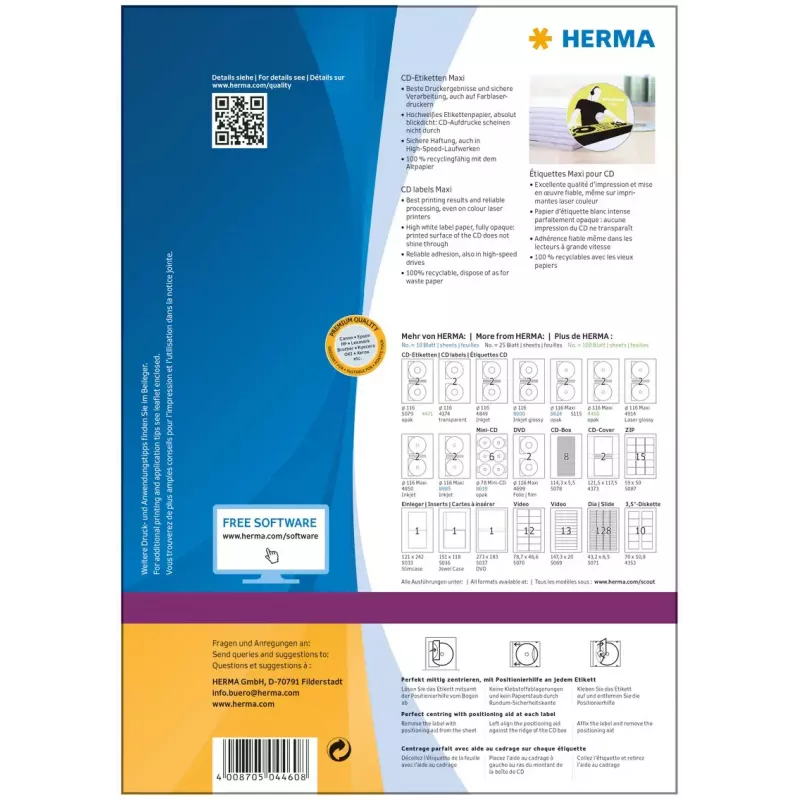 Αυτοκόλλητες ετικέτες εκτυπωτή HERMA ετικέτες CD Maxi A4 Ø 116 mm