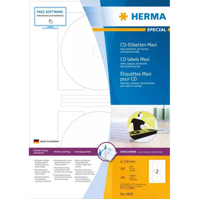 Αυτοκόλλητες ετικέτες εκτυπωτή HERMA ετικέτες CD Maxi A4 Ø 116 mm