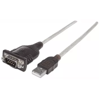 Καλώδιο μετατροπέα Manhattan USB-A σε σειριακό, 45 cm, βύσμα αρσενικό σε βύσμα αρσενικό, Σειριακό/RS232/COM/DB9, chip FTDI FT232RL, συμβατό με Windows 11 (και προηγούμενα λειτουργικά συστήματα), καλώδιο μαύρο/ασημί, τρία χρόνια εγγύηση, αντιστοιχεί σε ICUSB2321F.