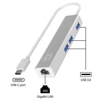 LevelOne Gigabit προσαρμογέας δικτύου USB-C με USB Hub, ενσύρματος, USB Type-C, Ethernet, 1000 Mbit/s, ασημί