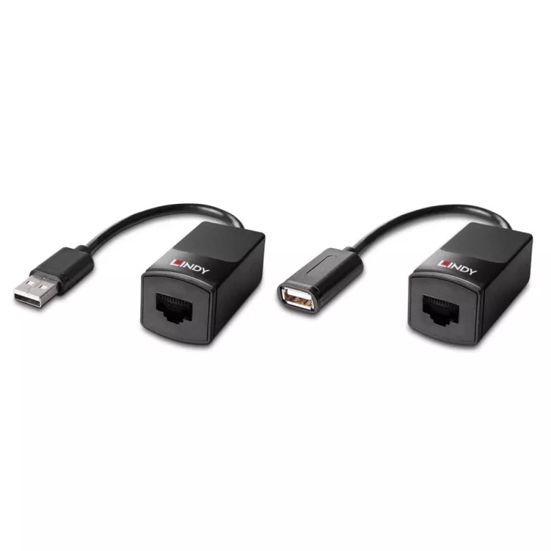 Lindy 60m USB 1.1 Cat.6 Extender Basic, πομποδέκτης δικτύου, 60 m, 12 Mbit/s, Cat5e, Cat6, μαύρο, πλαστικό