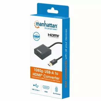 Manhattan Καλώδιο USB-A-σε-HDMI, 1080p@60Hz, Μετατρέπει σήμα USB 3.2 Gen1 (γνωστό και ως USB 3.0) σε HDMI, 15 cm, Μαύρο, Βύσμα αρσενικό σε υποδοχή θηλυκή, Τρία χρόνια εγγύηση