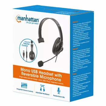 Manhattan Mono Over-Ear Headset (USB), αναστρέψιμο μικρόφωνο με βραχίονα (με επένδυση), συσκευασία λιανικής, ενσωματωμένος έλεγχος έντασης/σίγασης, μαξιλαράκι αυτιού με επένδυση, USB-A για ήχο και μικρόφωνο, καλώδιο 2 m, τρία χρόνια εγγύηση