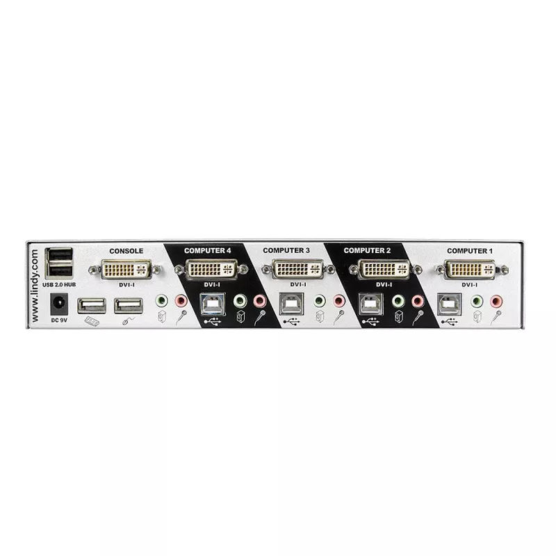 Lindy 39337 διακόπτης KVM Pro 4 θυρών DVI-I Single Link, USB 2.0 και ήχος, ασημί