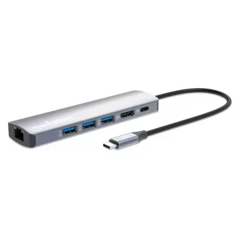 Manhattan Θύρα USB-C Dock/Hub, Συνδέσεις (x6): Ethernet, HDMI, USB-A (x3) και USB-C, με Power Delivery (PD) 100W – απαιτείται εξωτερικός φορτιστής USB-C (δεν περιλαμβάνεται). Τροφοδοτείται από USB (δεν απαιτείται εξωτερικό τροφοδοτικό), όταν δεν χρησιμοποιείται PD