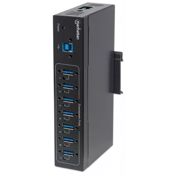 Manhattan USB-A 7-Port Hub Industrial, 7x θύρες USB-A, 5 Gbps (USB 3.2 Gen1 aka USB 3.0), προστασία ESD 20 kV, επιλογές τροφοδοσίας A/C, bus και ακροδεκτών, ράγα DIN, επιτοίχια τοποθέτηση, μεταλλικό περίβλημα, ασφάλιση με βίδες