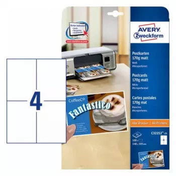 Avery Zweckform C32252-25 εκτυπώσιμες και από τις δύο πλευρές διάτρητες κάρτες, 148 x 105 mm, 170 g/m², ματ λευκό, 100 κάρτες