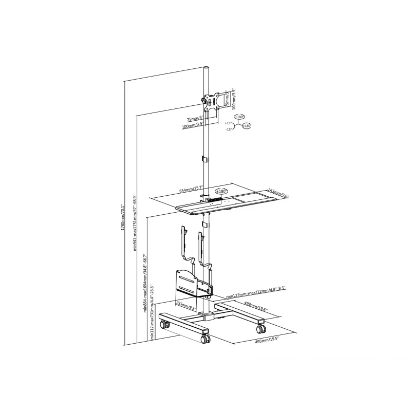 Καροτσάκι πολυμέσων Equip 17 inch-32 inch Μονής οθόνης Κινητός σταθμός εργασίας