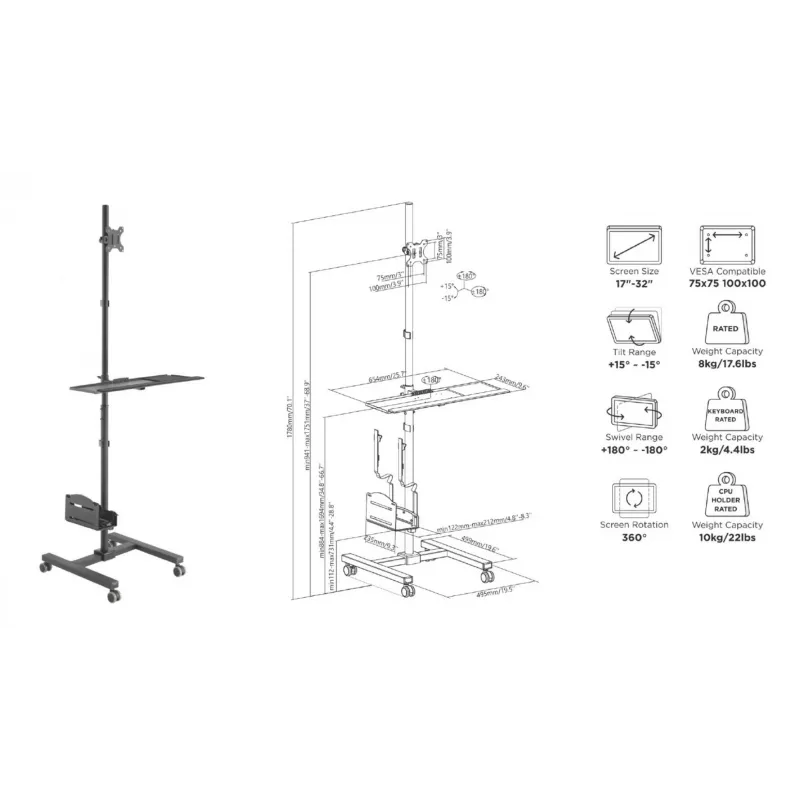Καροτσάκι πολυμέσων Equip 17 inch-32 inch Μονής οθόνης Κινητός σταθμός εργασίας