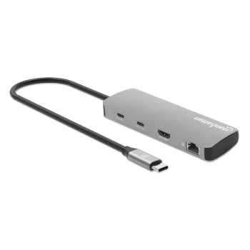 Manhattan Θύρα USB-C/Hub με Αναγνώστη Καρτών, Συνδέσεις (x7): Ethernet, HDMI, USB-A (x3) και USB-C (x2), με Power Delivery (PD) 100 W – απαιτείται εξωτερικός φορτιστής USB-C (δεν περιλαμβάνεται). Τροφοδοσία USB (δεν απαιτείται εξωτερικό τροφοδοτικό), όταν δεν χρησιμοποιείται PD.