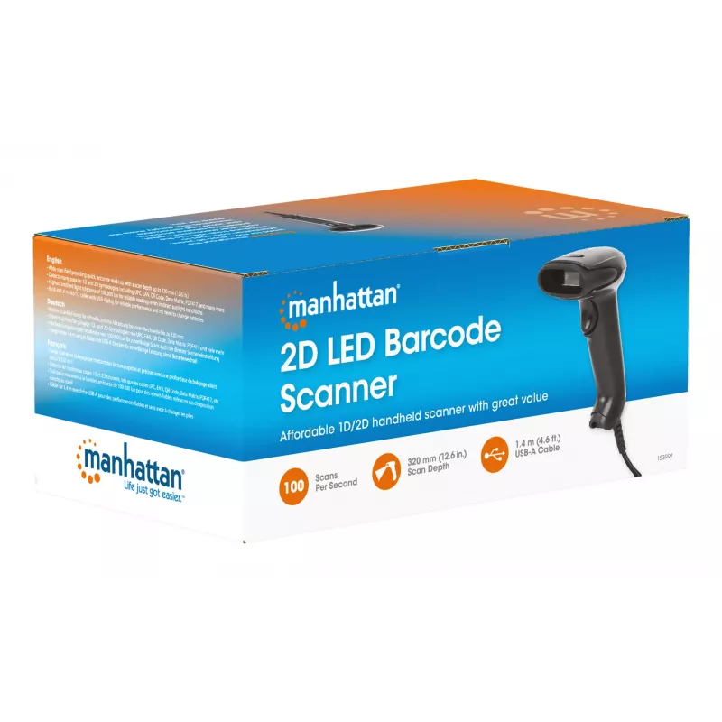 Manhattan Χειροποίητος σαρωτής γραμμωτού κώδικα 2D LED 153997, USB-A, εμβέλεια σάρωσης 320 mm, καλώδιο 1,4 m, μαύρο