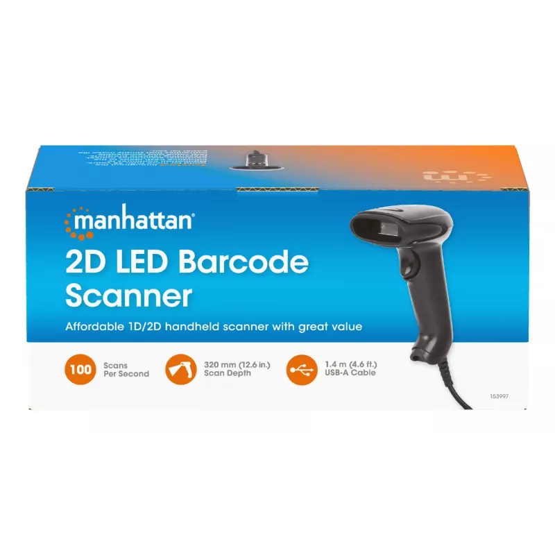Manhattan Χειροποίητος σαρωτής γραμμωτού κώδικα 2D LED 153997, USB-A, εμβέλεια σάρωσης 320 mm, καλώδιο 1,4 m, μαύρο