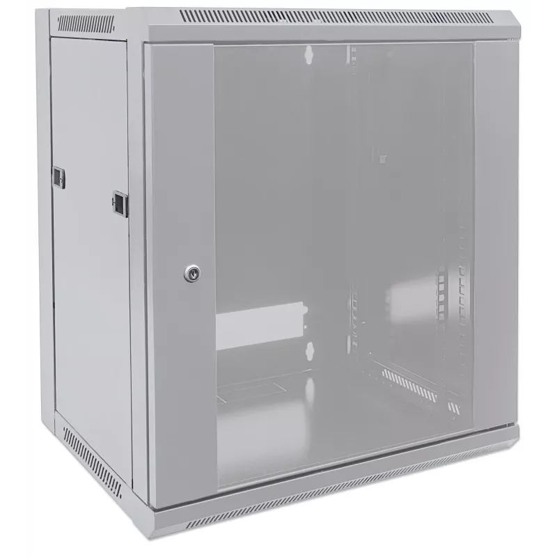 Intellinet 19 inch Network Cabinet - Wall Mount (Standard), 9U, 600mm Deep, Grey, Flatpack, Max 60kg, Suitable also for use on desk or floor, Usable Depth 410mm, Metal & Glass Door, Back Panel, Removeable Sides, Parts for wall install (eg screws/rawl plugs) not incl
