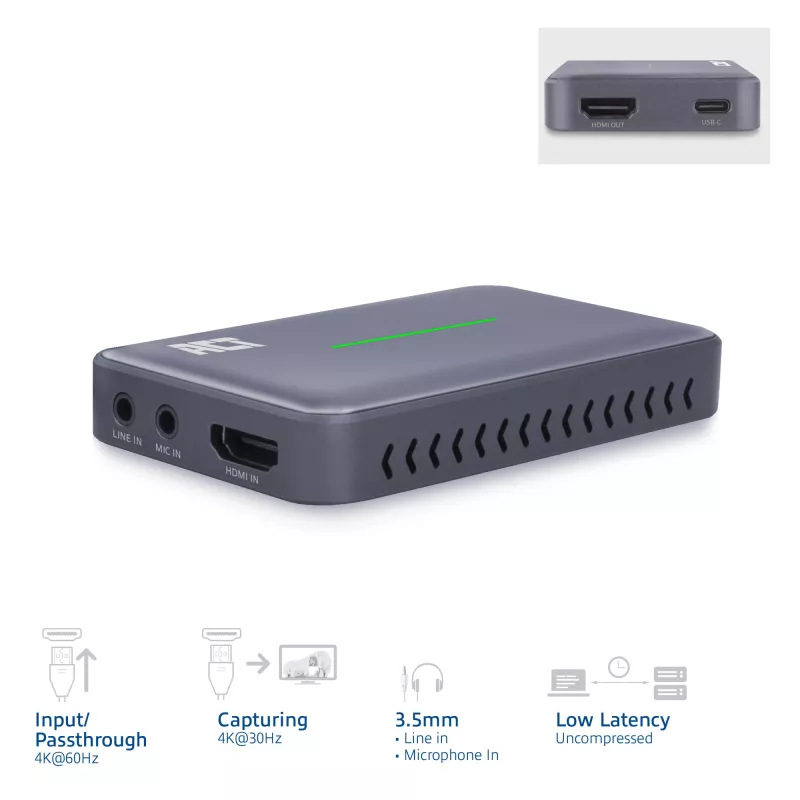 ACT κάρτα βίντεο USB-C, HDMI 4K@60Hz διέλευση, εγγραφή 4K@30Hz