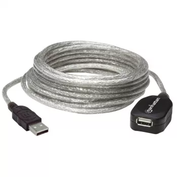 Manhattan καλώδιο επέκτασης USB-A σε USB-A, 5 m, αρσενικό σε θηλυκό, ενεργό, διαφανές ασημί, 480 Mbit/s (USB 2.0), δυνατότητα αλυσιδωτής σύνδεσης, ενσωματωμένος επαναλήπτης, Hi-Speed USB, τρία χρόνια εγγύηση