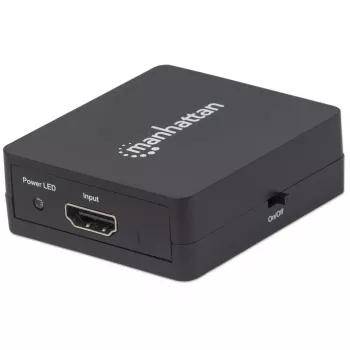 Διαχωριστής HDMI Manhattan 2 απλών, 1080p, μαύρο, δίνει το σήμα μιας πηγής HDMI σε δύο οθόνες HD (ίδιο σήμα και στις δύο οθόνες), τροφοδοσία USB-A (καλώδιο στη συσκευασία, 0,7 m), τρία χρόνια εγγύηση