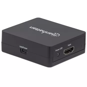 Διαχωριστής HDMI Manhattan 2 απλών, 1080p, μαύρο, δίνει το σήμα μιας πηγής HDMI σε δύο οθόνες HD (ίδιο σήμα και στις δύο οθόνες), τροφοδοσία USB-A (καλώδιο στη συσκευασία, 0,7 m), τρία χρόνια εγγύηση