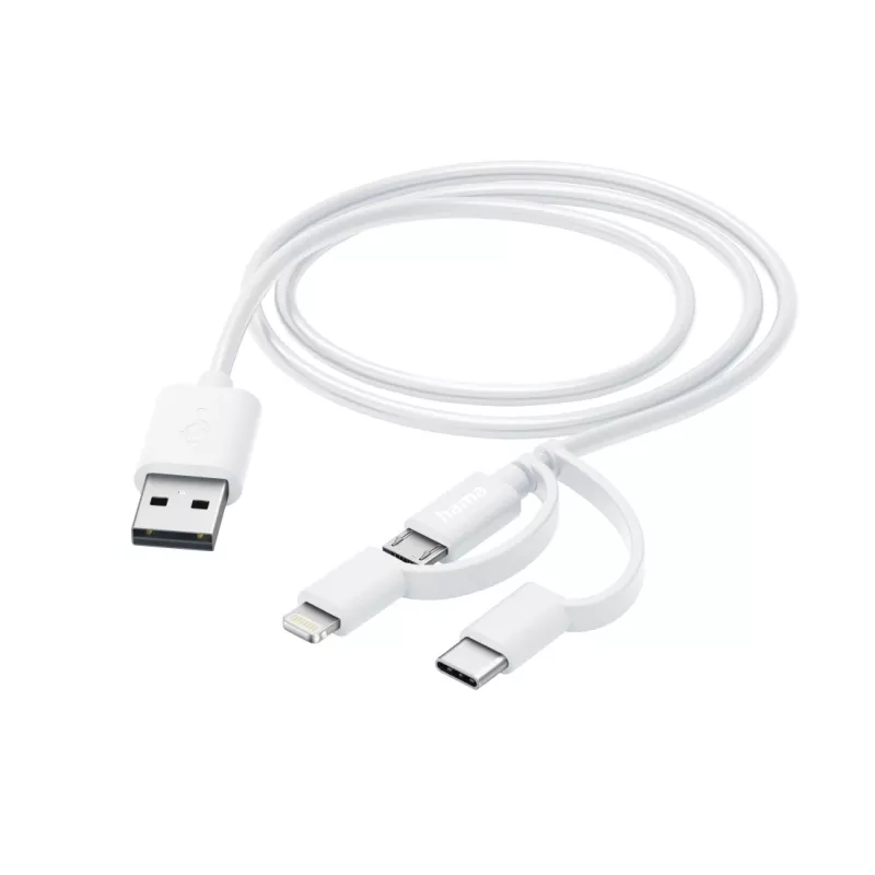 Hama καλώδιο πολλαπλής φόρτισης 3 σε 1, USB-A – Micro-USB, USB-C και Lightning, 1,0 m, λευκό