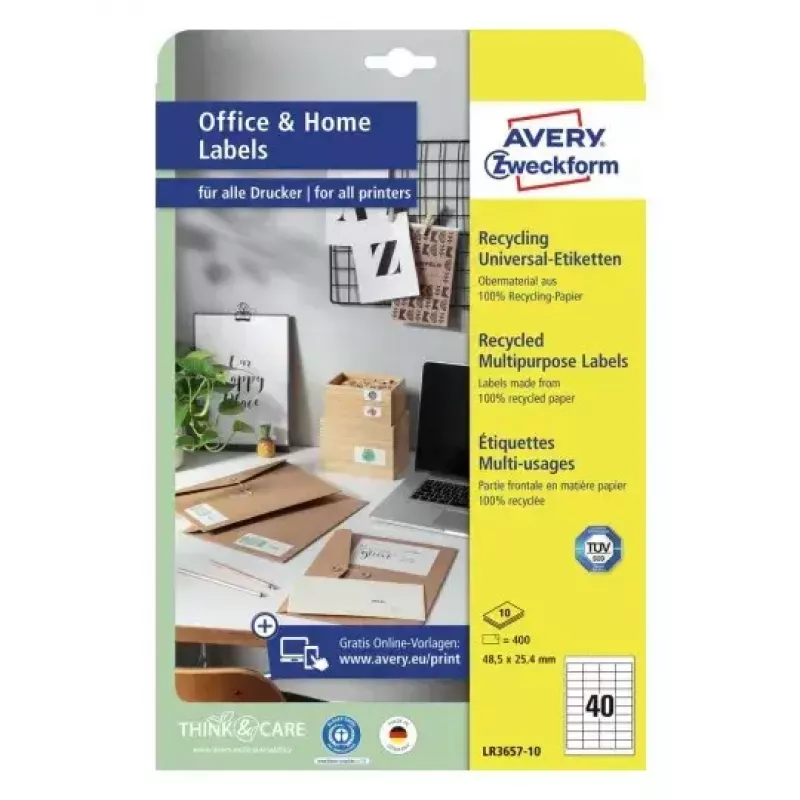 Avery Zweckform LR3657-10 ανακυκλωμένες γενικής χρήσης ετικέτες διευθύνσεων, 48,5 x 25,4 mm, φυσικό λευκό, μόνιμες