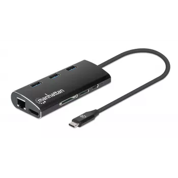 Manhattan USB-C Dock/Hub με Αναγνώστη Καρτών, Συνδέσεις (x6): Ethernet, HDMI, USB-A (x3) και USB-C, με Power Delivery (100 W) στη σύνδεση USB-C (Σημείωση: απαιτείται επιπλέον τροφοδοτικό USB-C και καλώδιο USB-C), καθολικό για όλες τις συσκευές, Αλουμίνιο, συμβατό με DKT30CSDHPD3