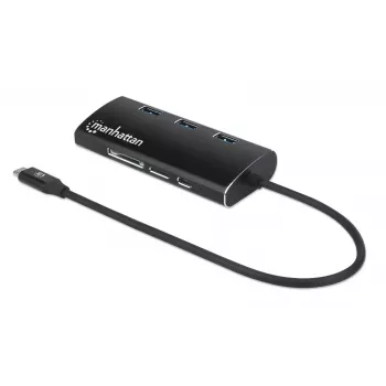 Manhattan USB-C Dock/Hub με Αναγνώστη Καρτών, Συνδέσεις (x6): Ethernet, HDMI, USB-A (x3) και USB-C, με Power Delivery (100 W) στη σύνδεση USB-C (Σημείωση: απαιτείται επιπλέον τροφοδοτικό USB-C και καλώδιο USB-C), καθολικό για όλες τις συσκευές, Αλουμίνιο, συμβατό με DKT30CSDHPD3