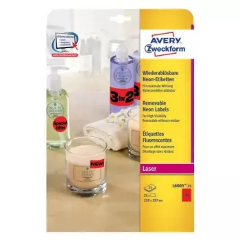 Avery Zweckform L6005-25 Αυτοκόλλητες ετικέτες, φθορίζον κόκκινο, A4, μόνιμη κόλλα, 25 φύλλα