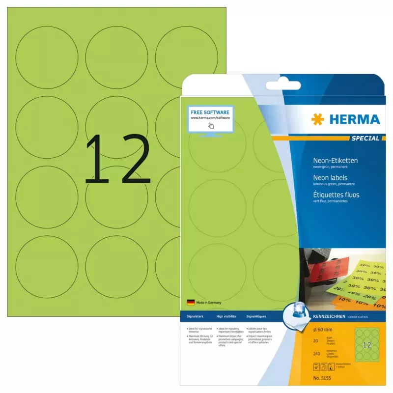 Αυτοκόλλητες ετικέτες εκτυπωτή HERMA Neon A4 Ø 60 mm
