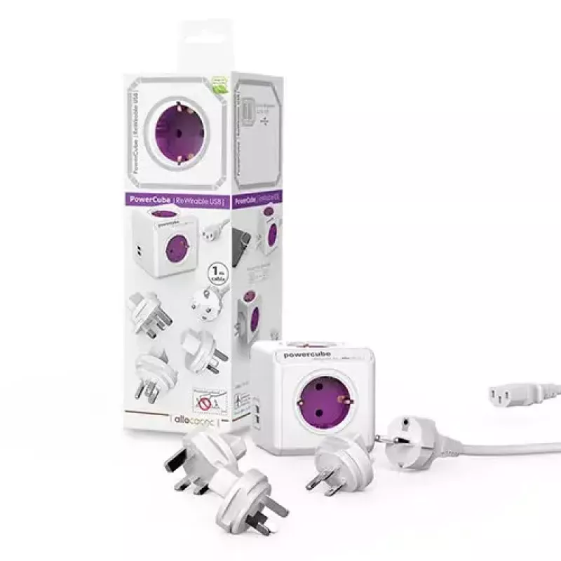 Προέκταση τροφοδοσίας Allocacoc PowerCube ReWirable USB 1 m 4 πρίζες AC μωβ λευκό